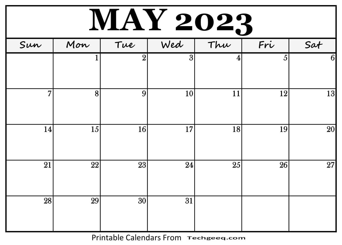 Printable May 2023 Blank Calendar