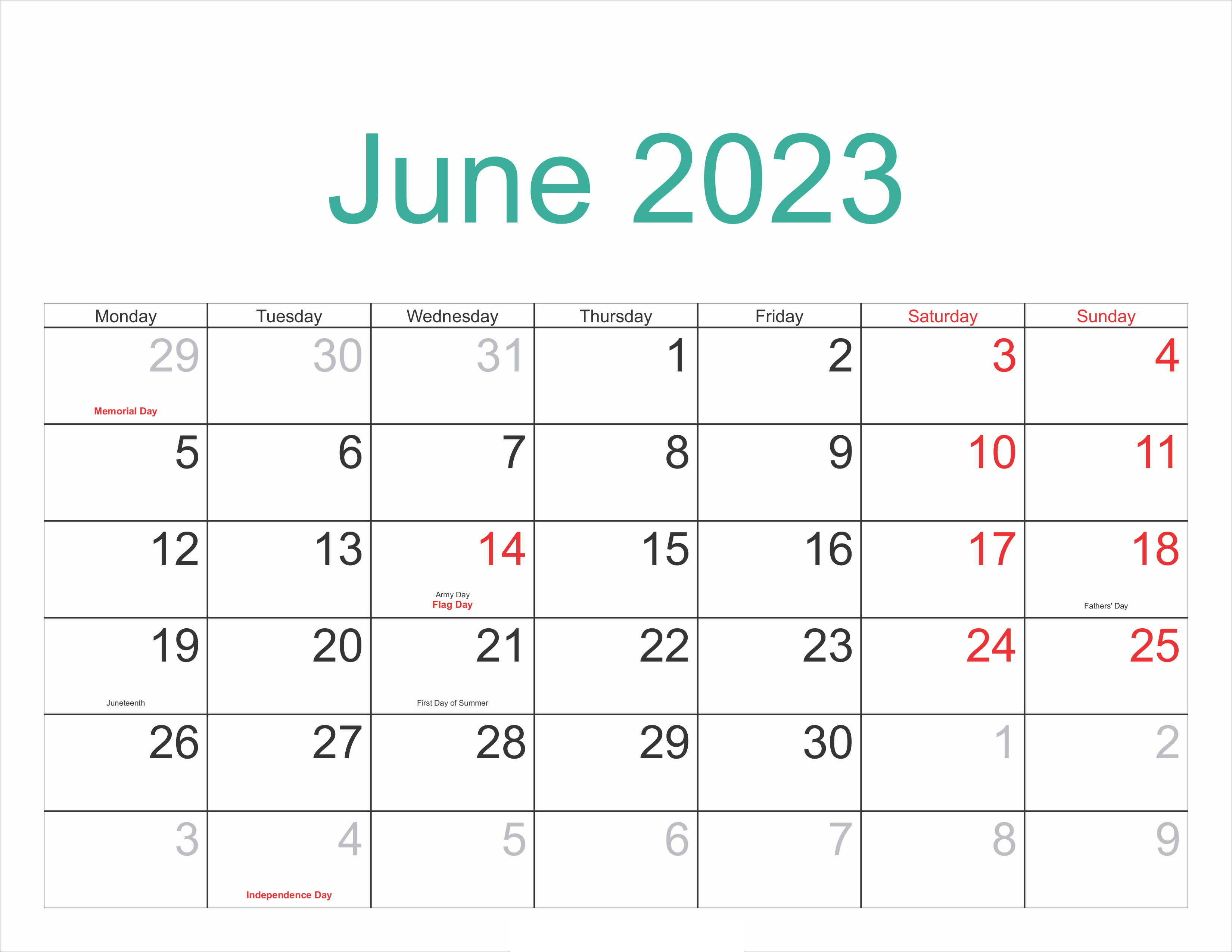 2023 June Holidays Calendar