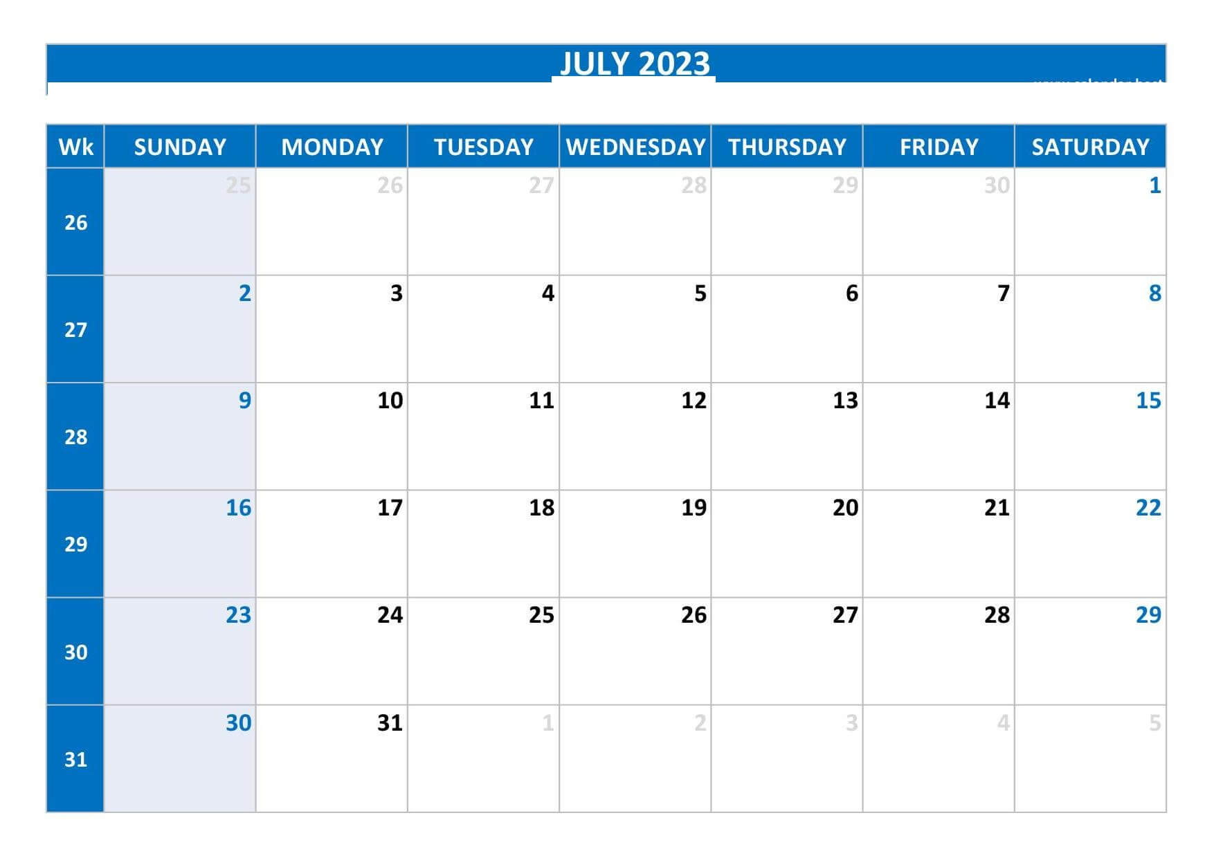 Blank Calendar Template July 2023