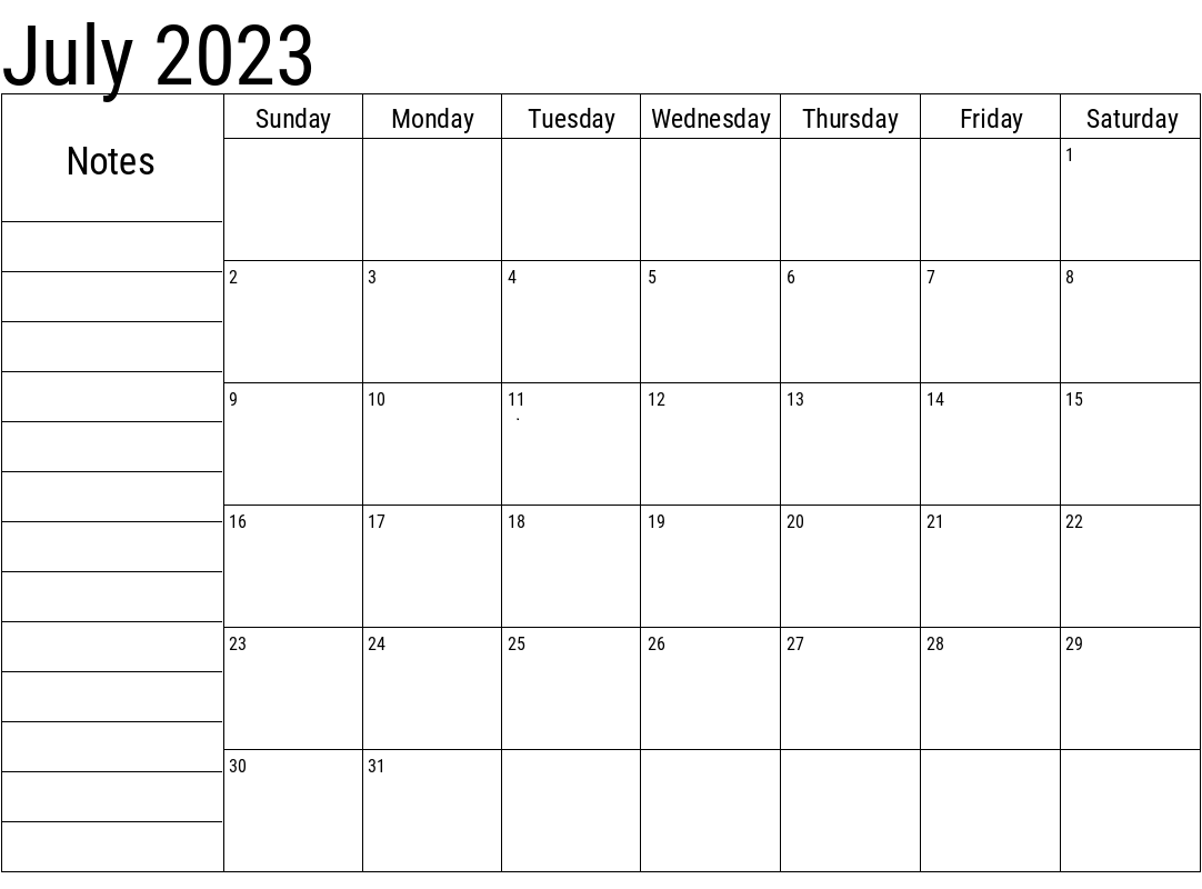 Blank July 2023 Calendar With Notes