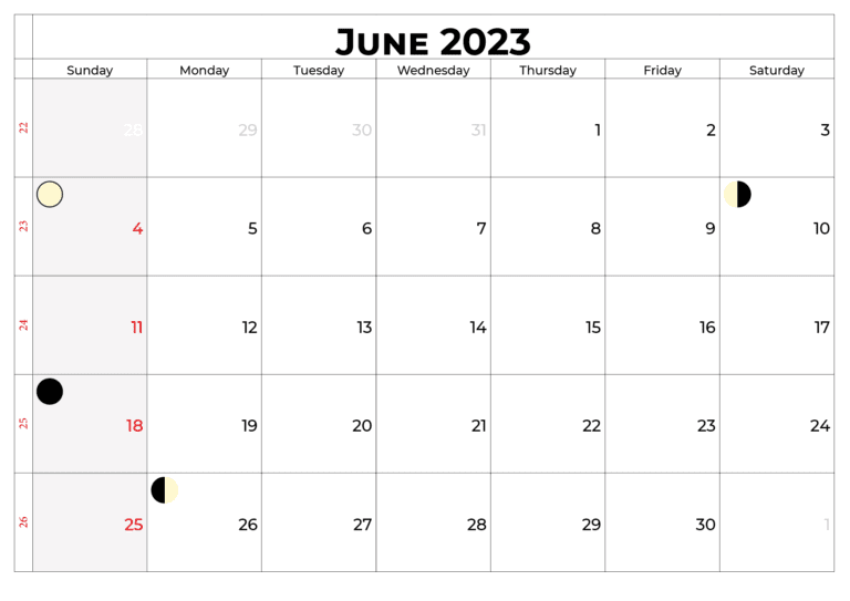 Holidays Calendar Template June 2023