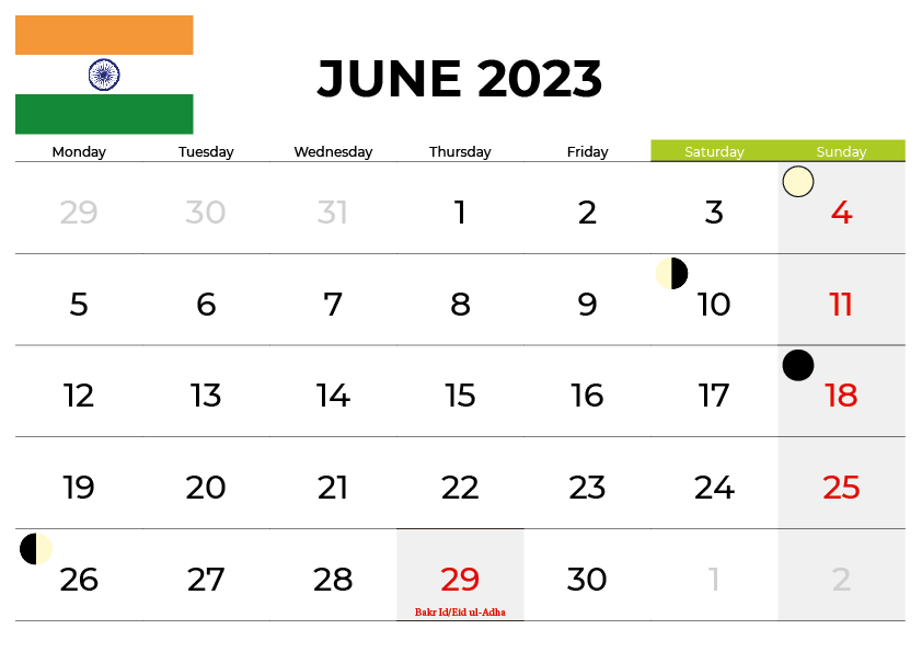 Indian Holidays Calendar June 2023