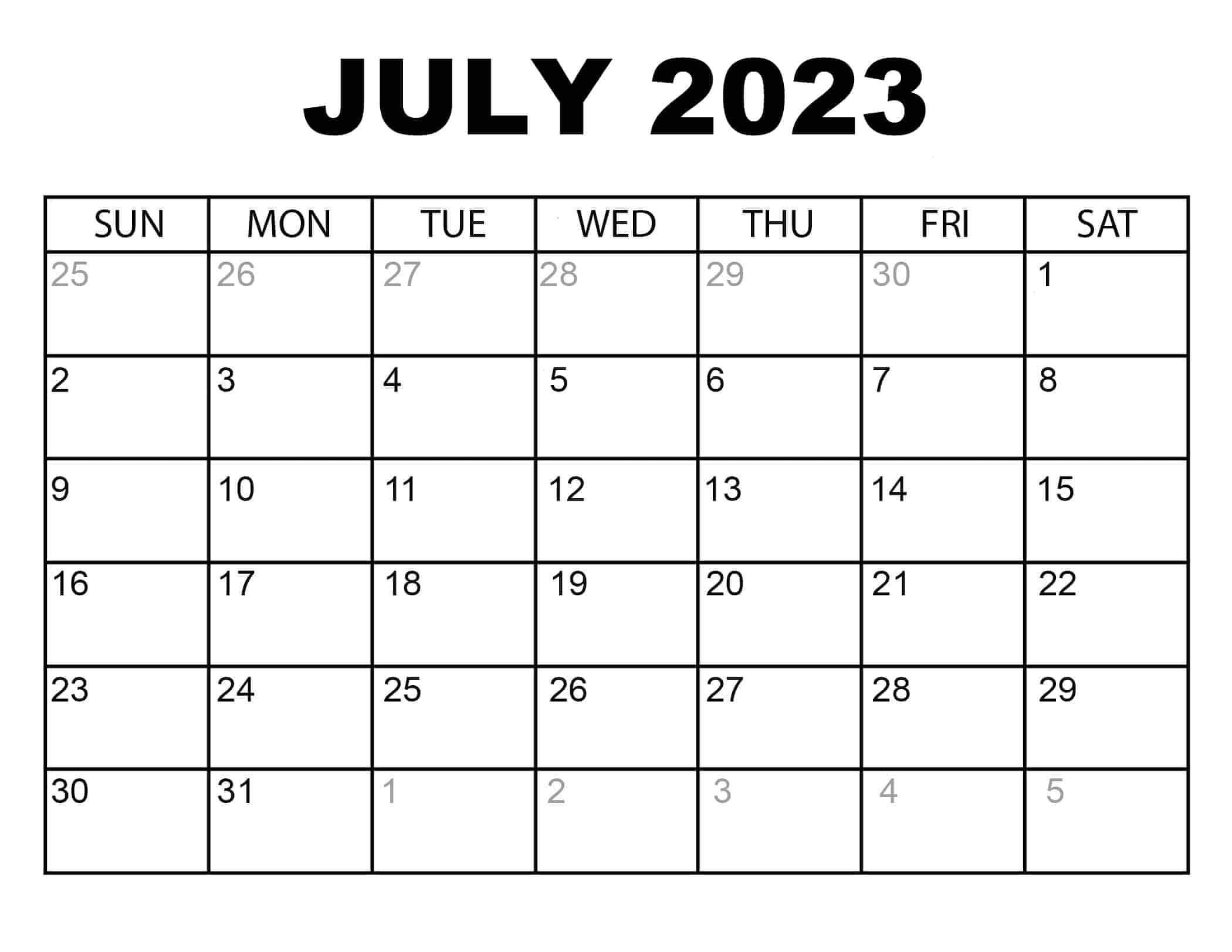 July 2023 Calendar Excel