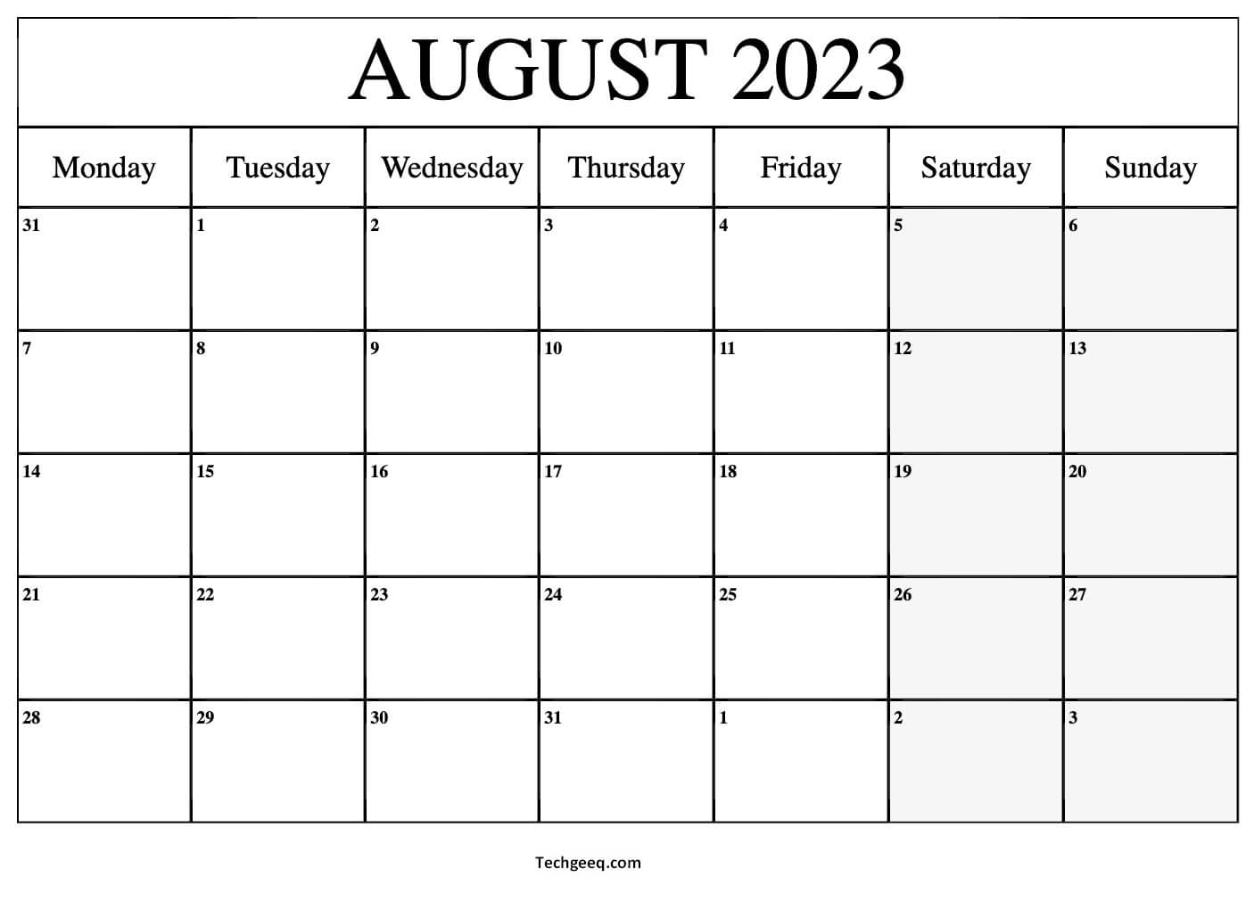 2023 August Blank Calendar