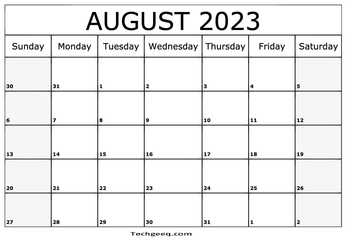 2023 August Calendar Printable Template