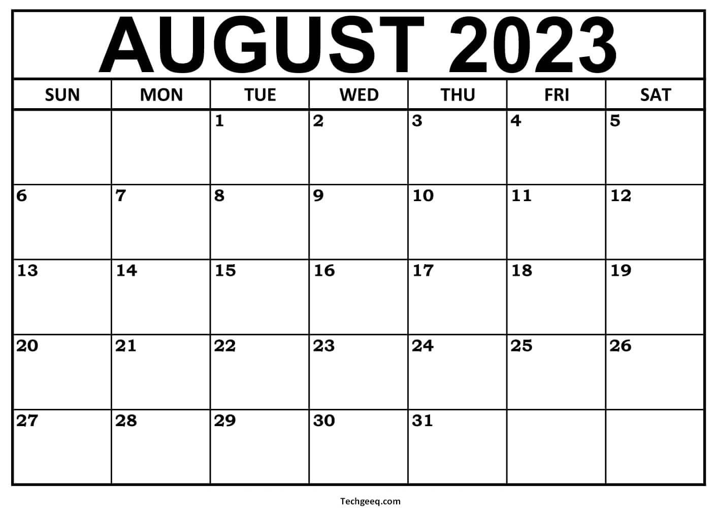 2023 Blank Calendar August Printable