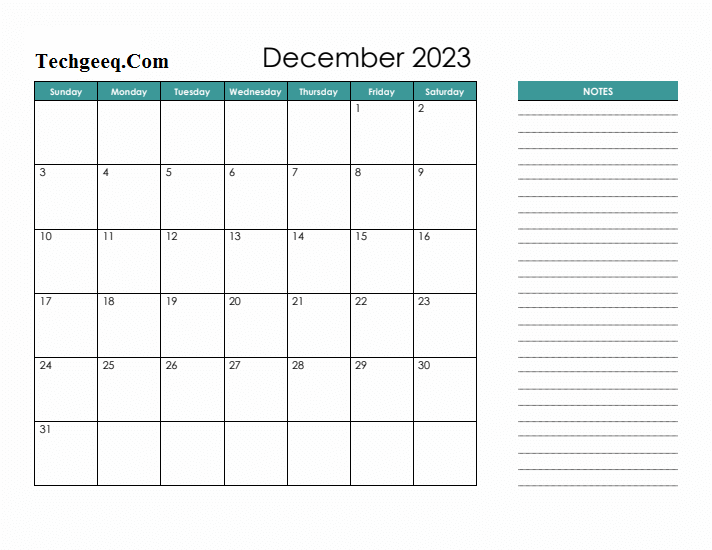 2023 December Calendar PDF