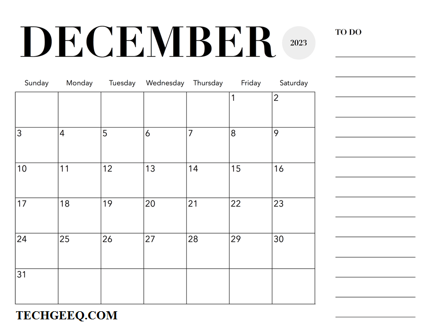 2023 December Calendar with Notes