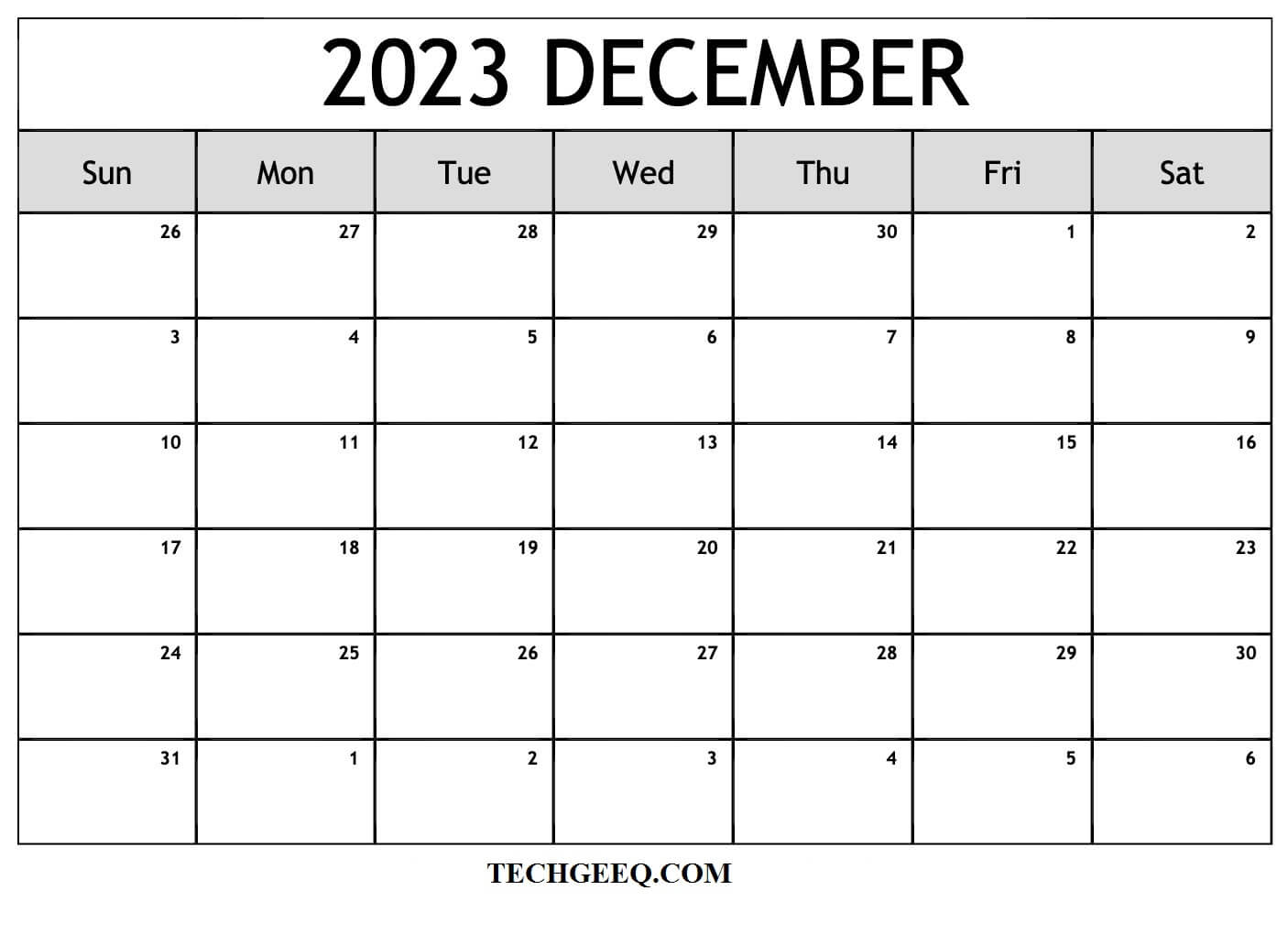 2023 December Printable Calendar