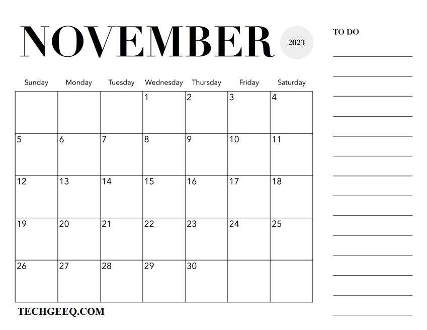 2023 November Printable Calendar