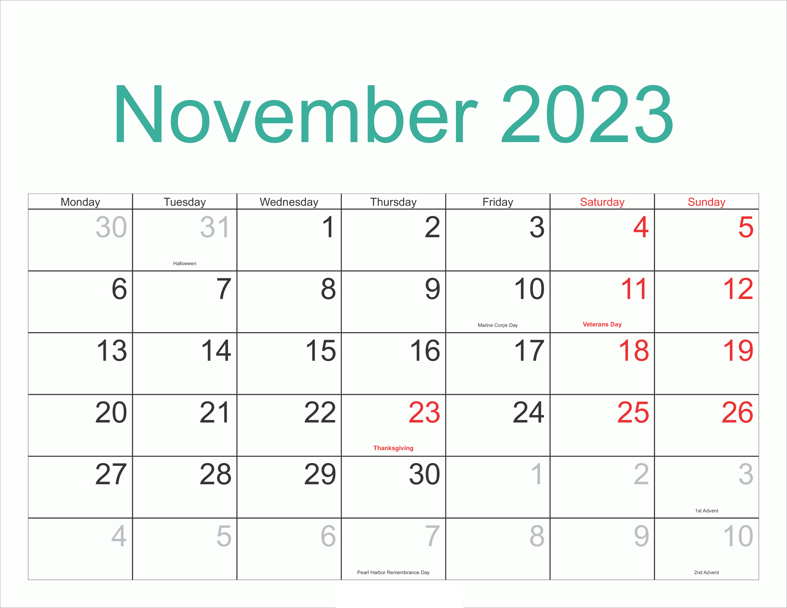2023 Printable November Calendar with Holidays