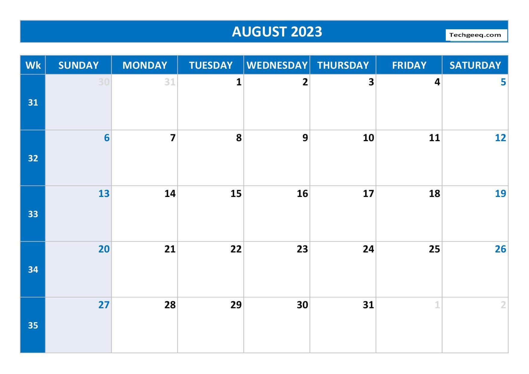 August 2023 Blank Calendar Excel
