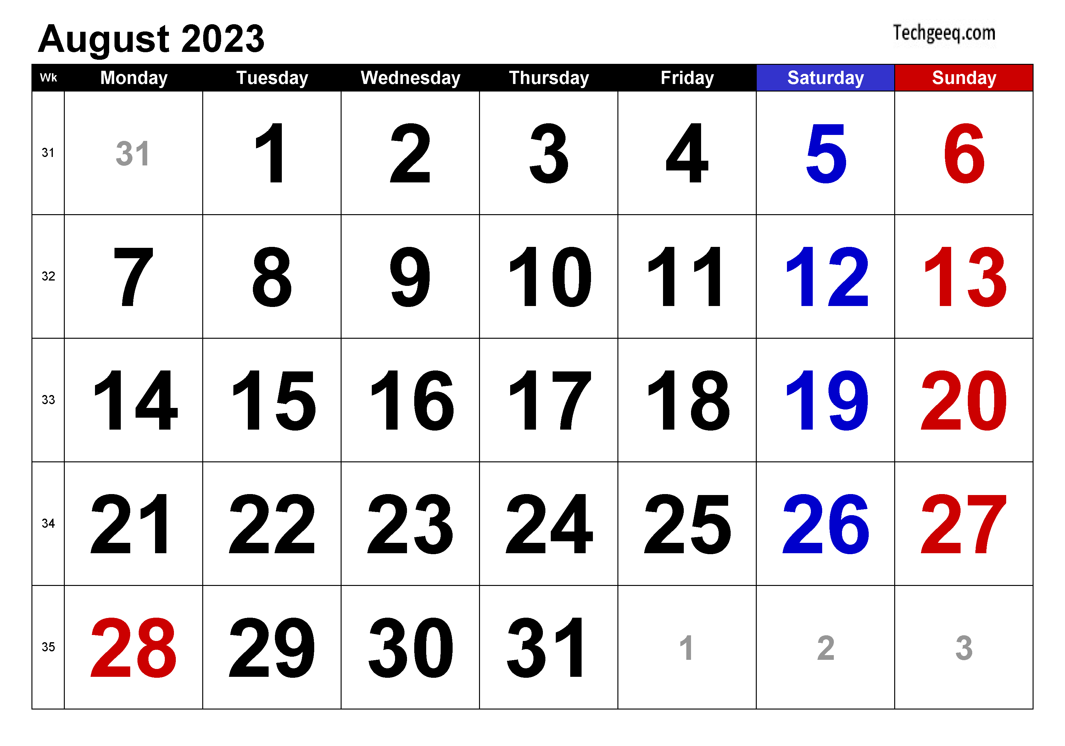 August 2023 Calendar Excel
