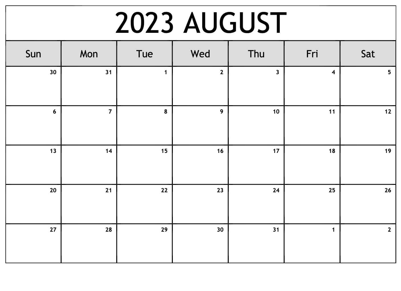 August 2023 Calendar Printable Template