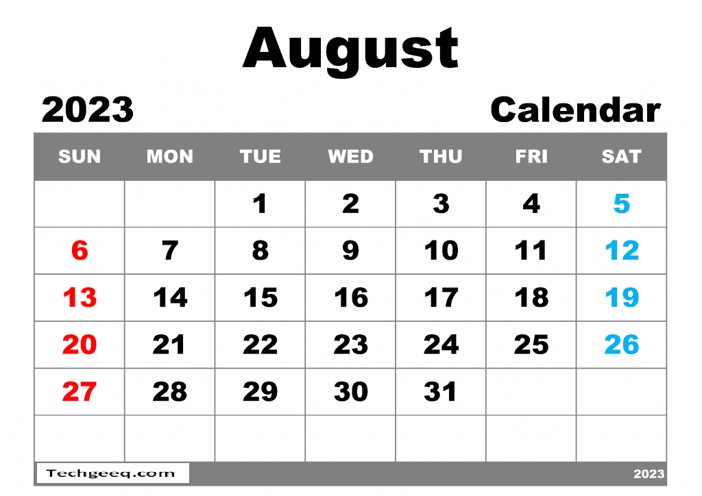 August 2023 Calendar Printable Template