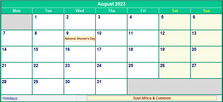 August 2023 Calendar with Holidays SA