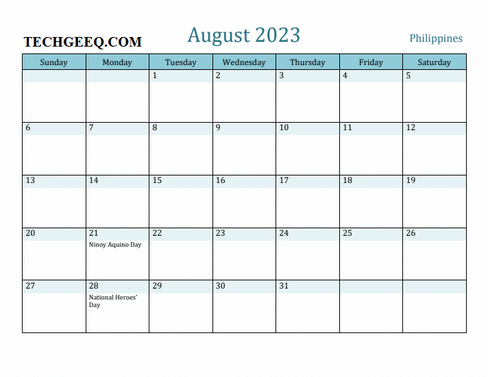 August 2023 Calendar with philippines Holidays