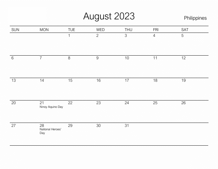 August 2023 Holidays Calendar Template