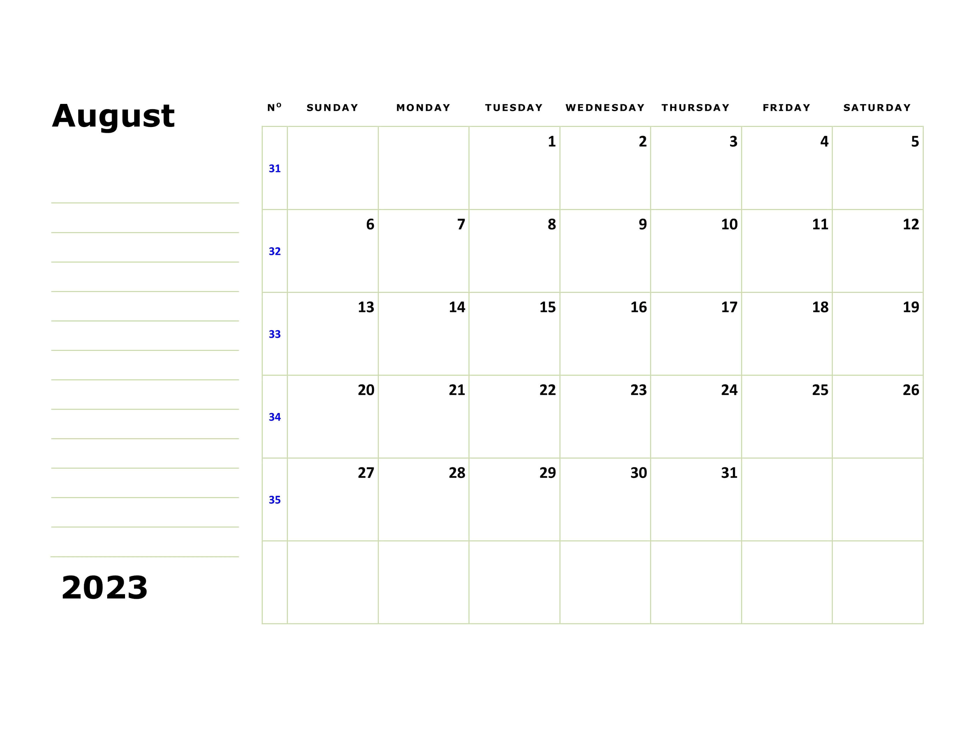 August 2023 Holidays Calendar
