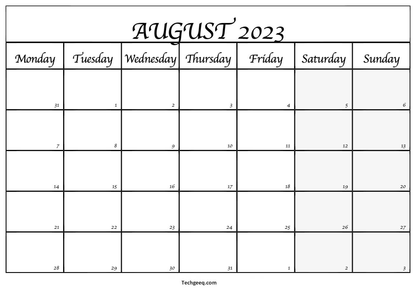 Blank August 2023 Calendar Template