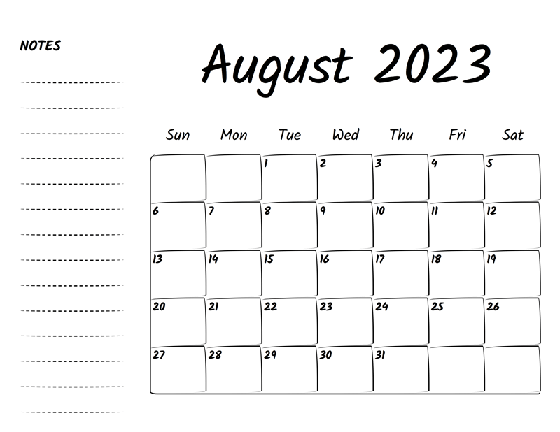 Blank August 2023 Calendar with Notes