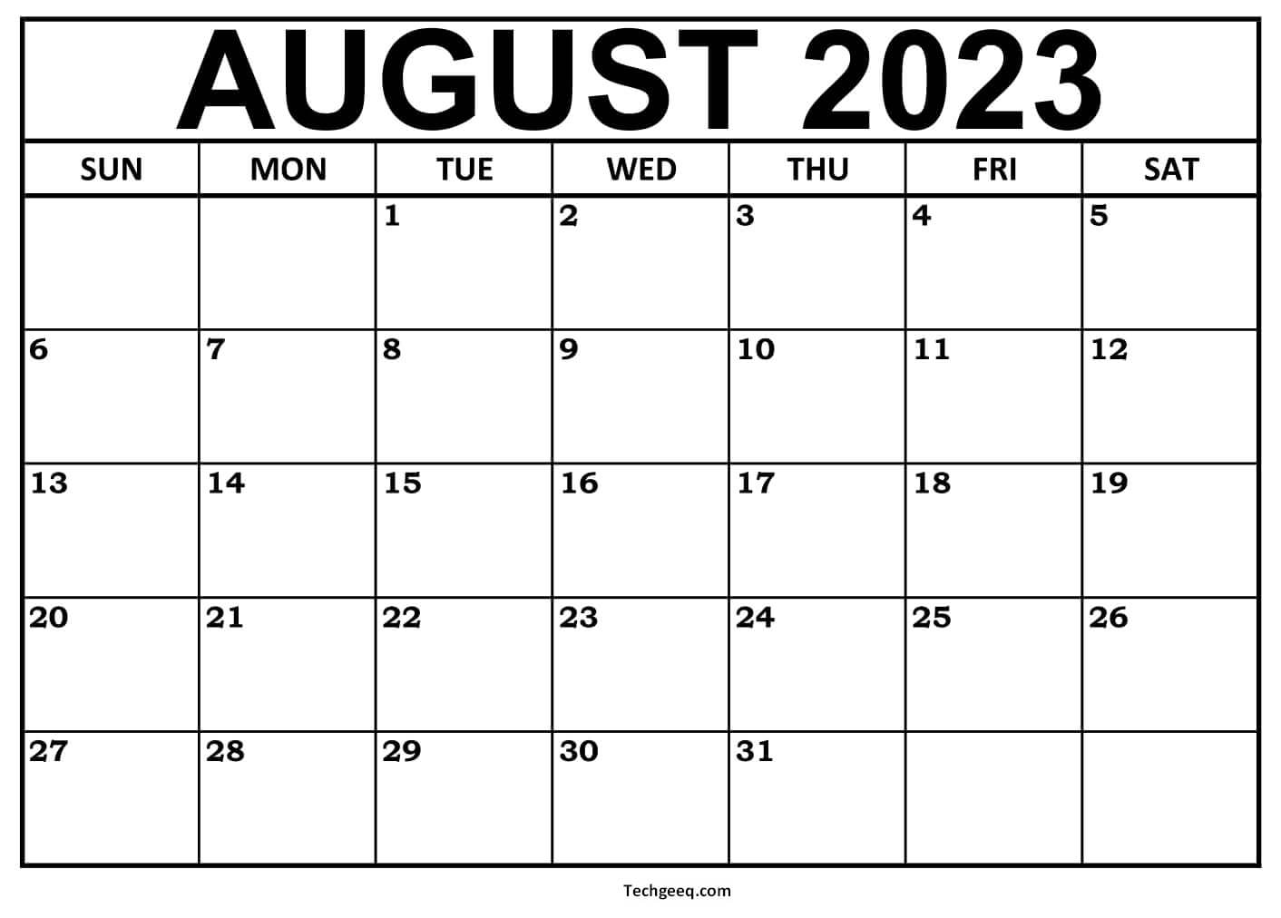 Blank August Calendar 2023 Printable