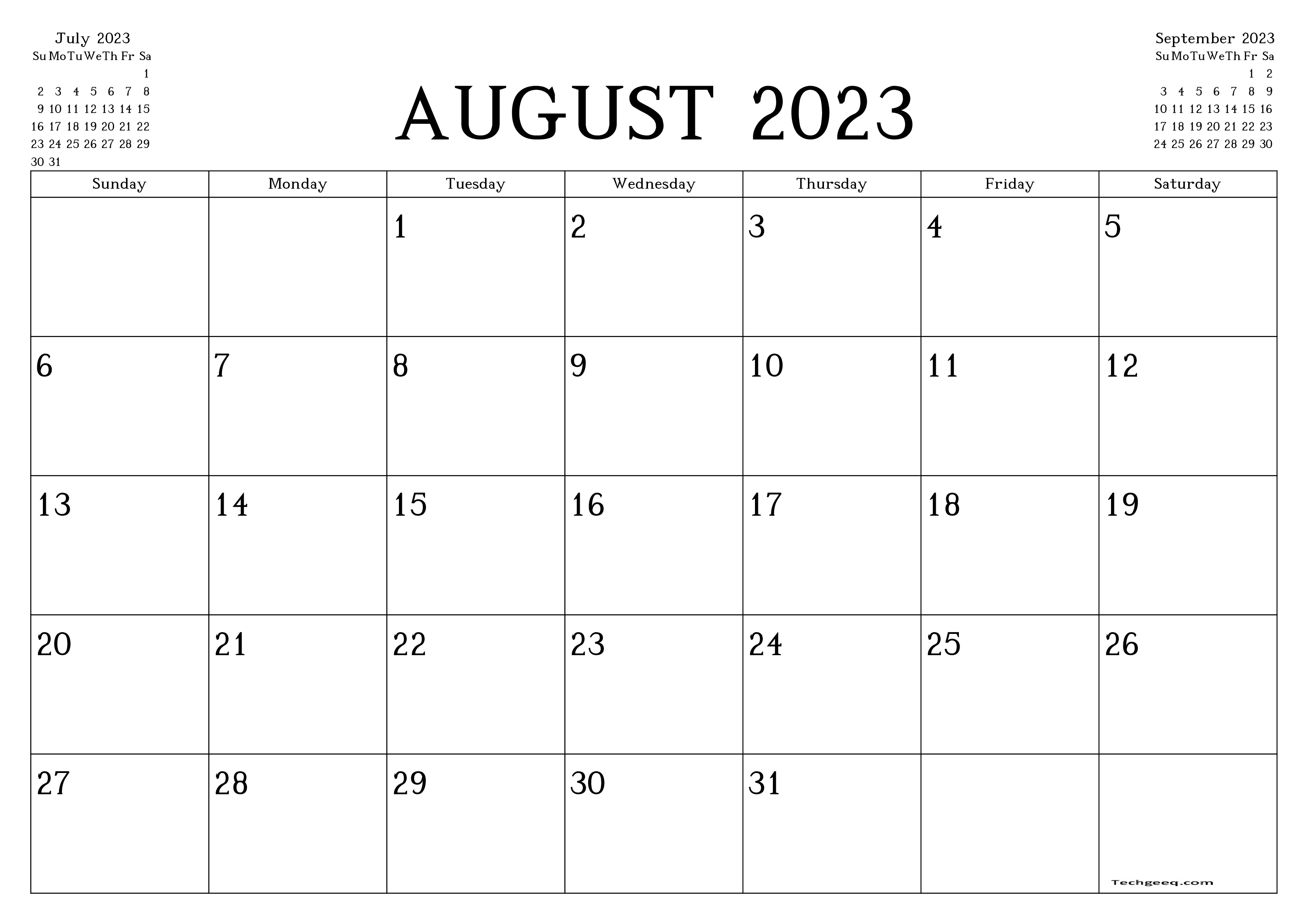 Blank Calendar August 2023