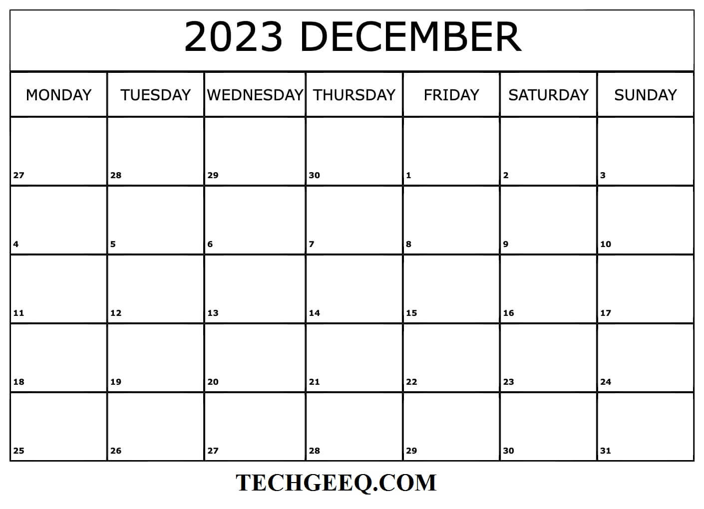 Blank Calendar For Dec 2023