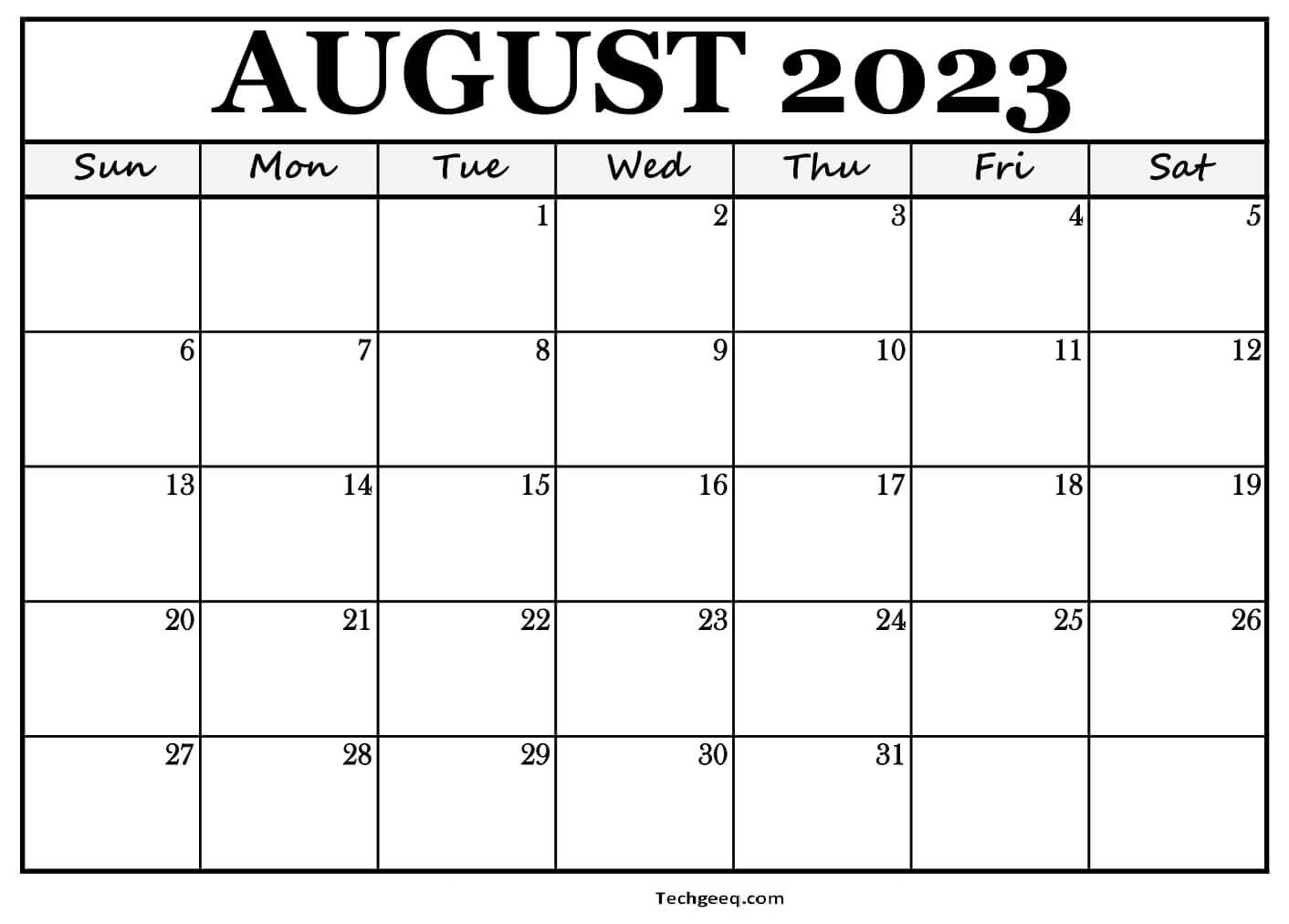 Blank Calendar Template August 2023