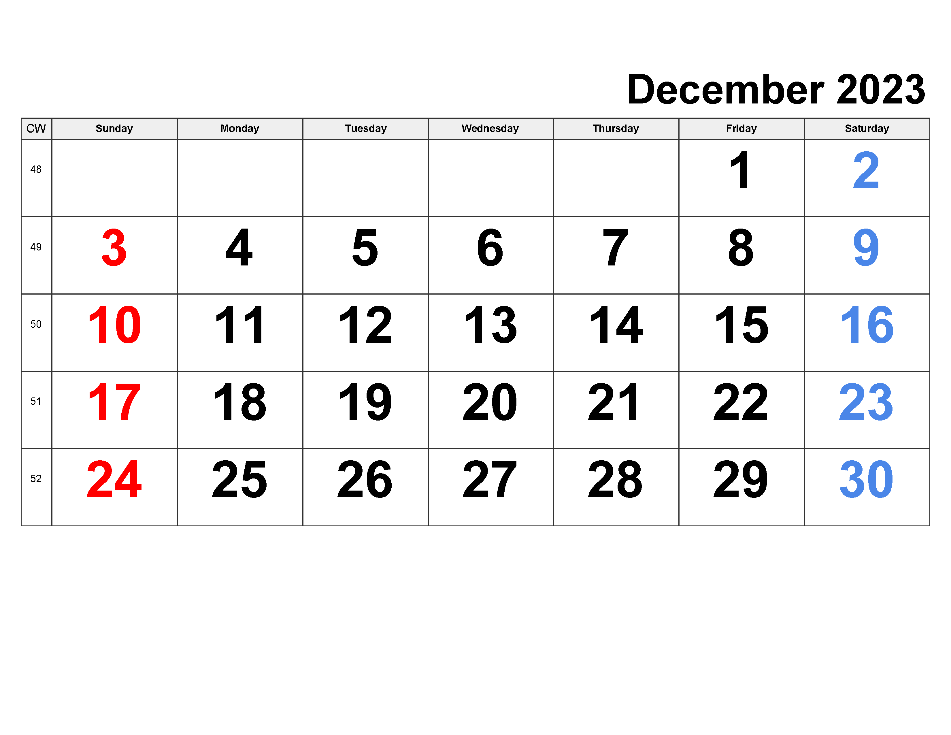 Blank Calendar Template December 2023