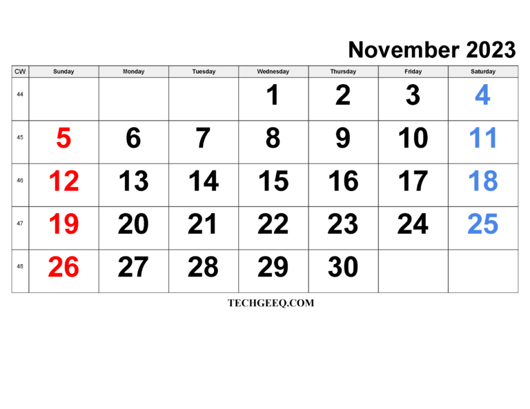 November 2023 Blank Calendar Printable Templates with Notes