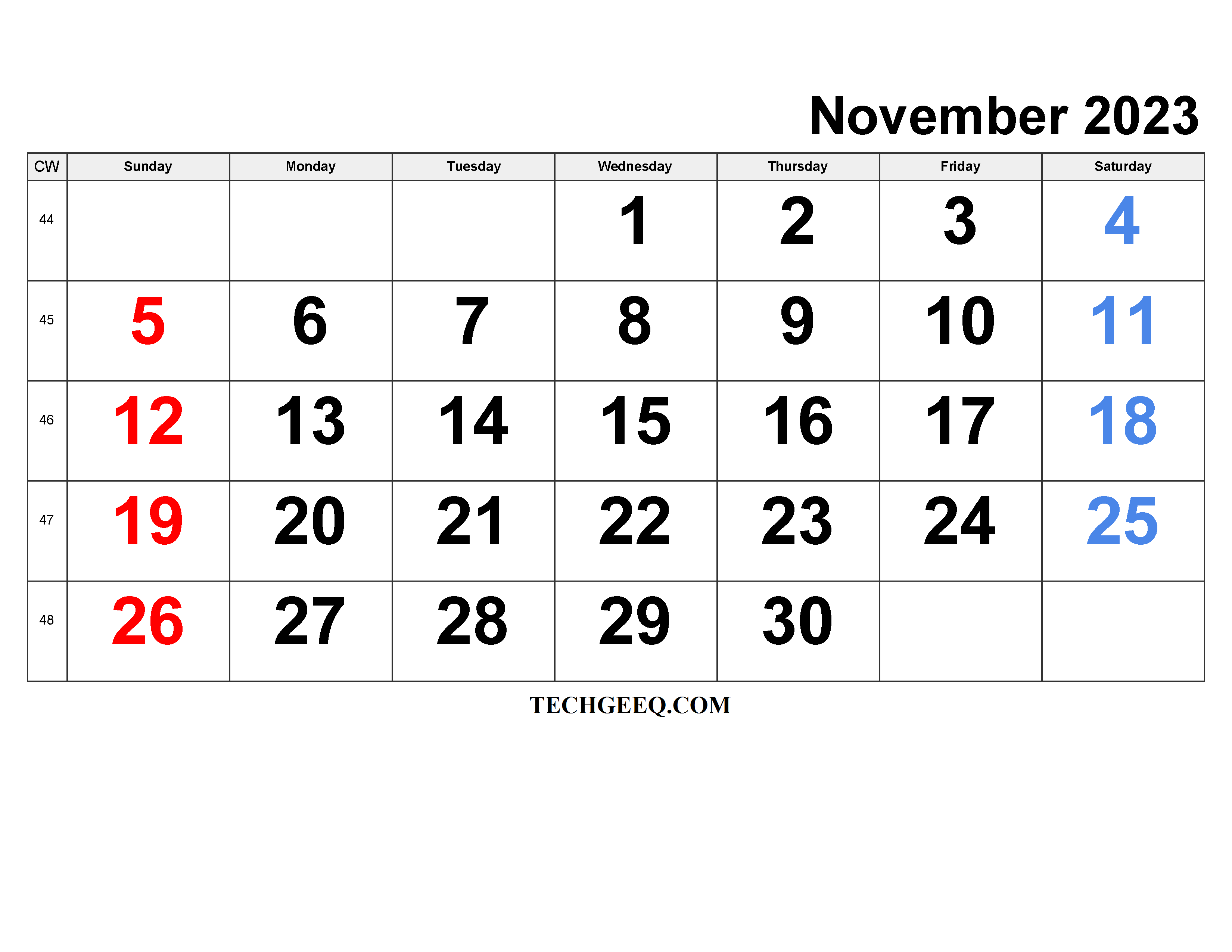 Blank Calendar Template November 2023