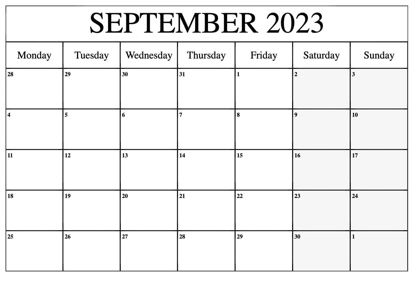 Blank Calendar Template September 2023