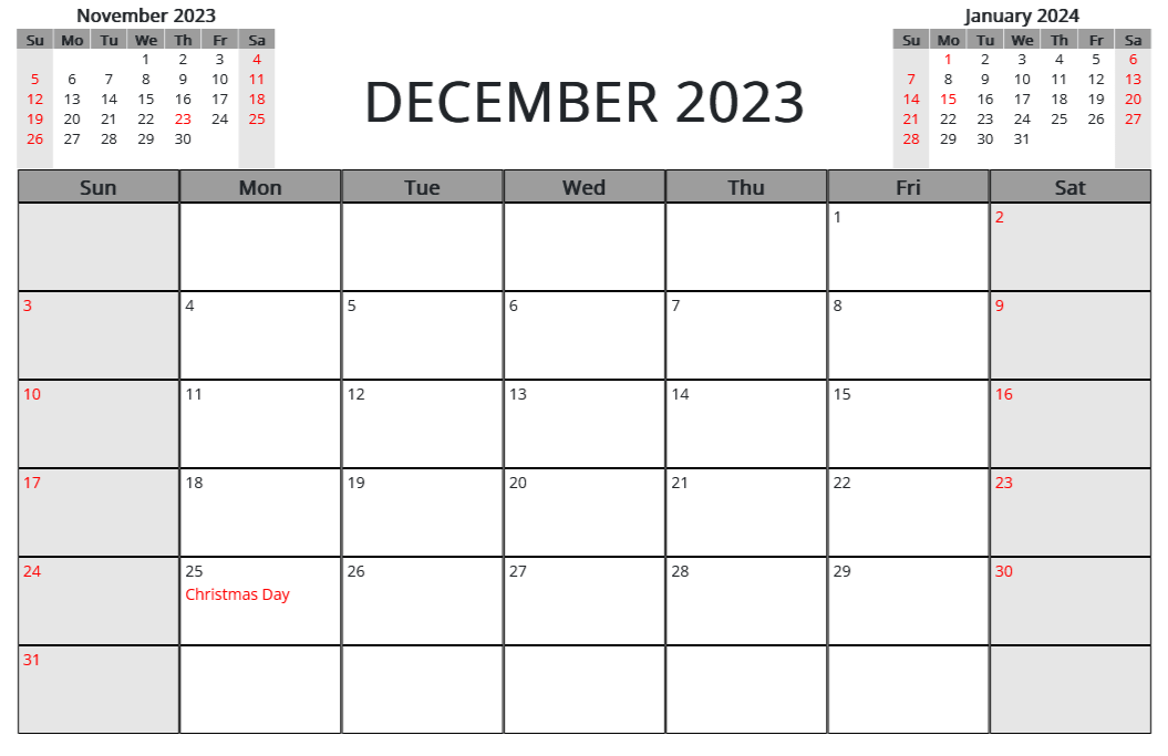 Blank December 2023 Calendar with Holidays