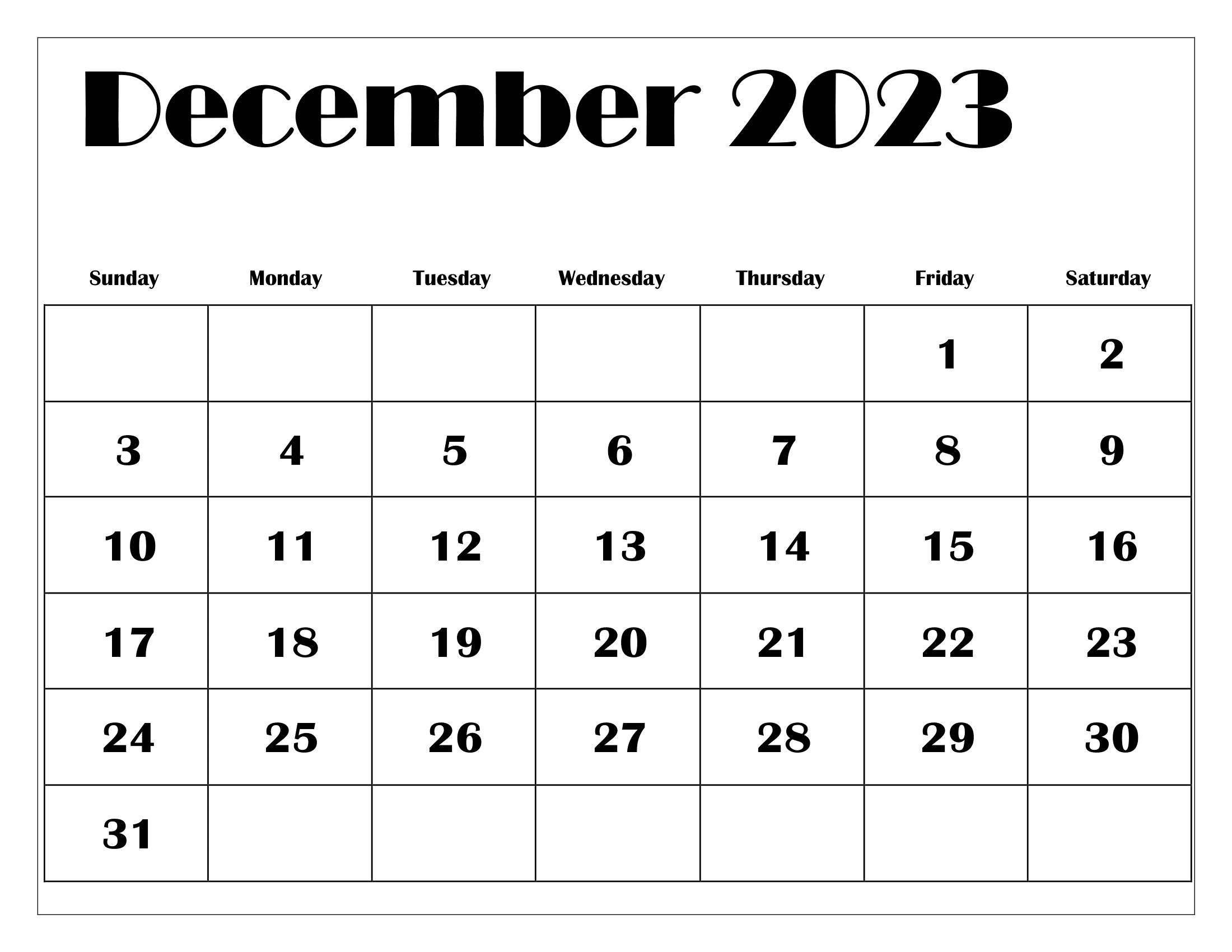 Blank Calendar December 2023