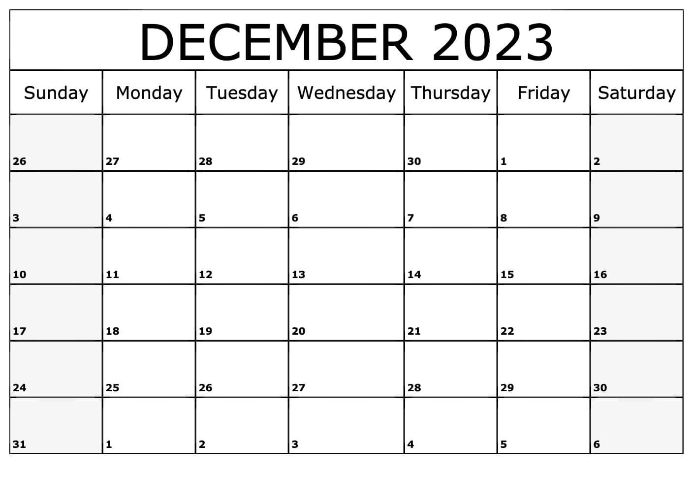 Blank December Calendar 2023