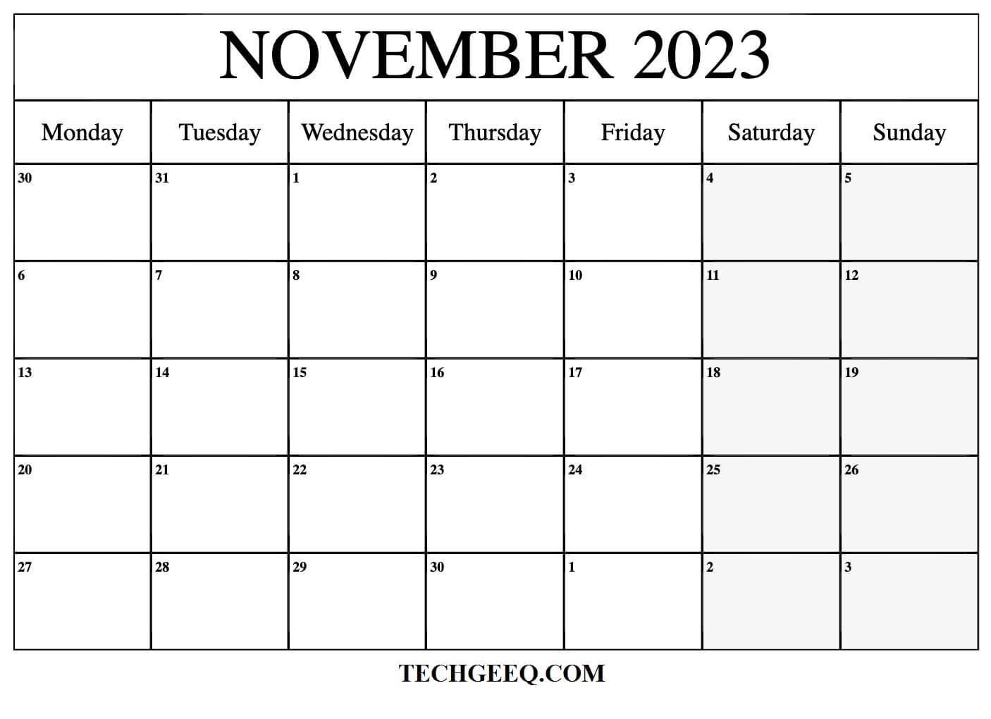 Blank November 2023 Calendar