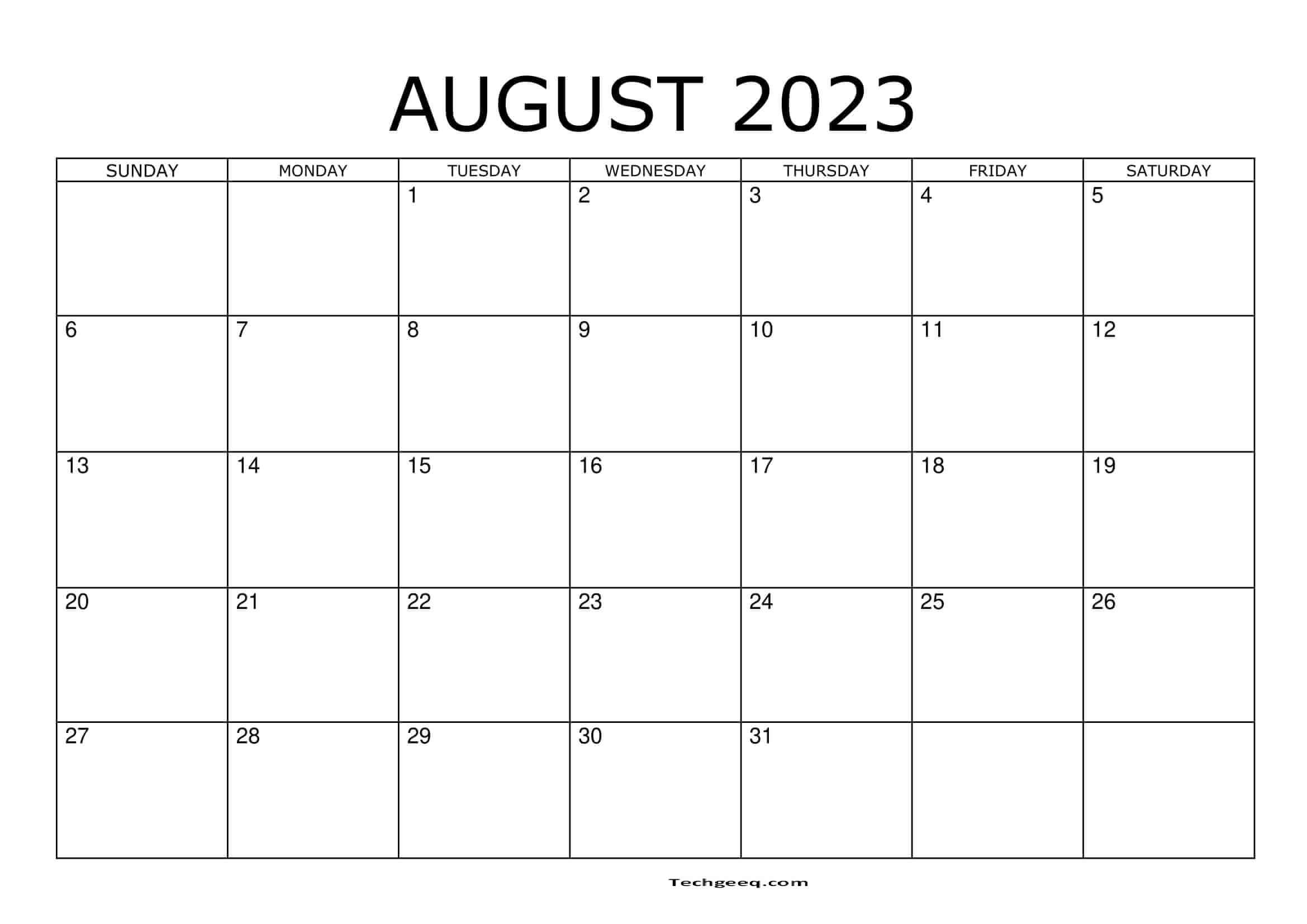 Blank Printable Calendar August 2023