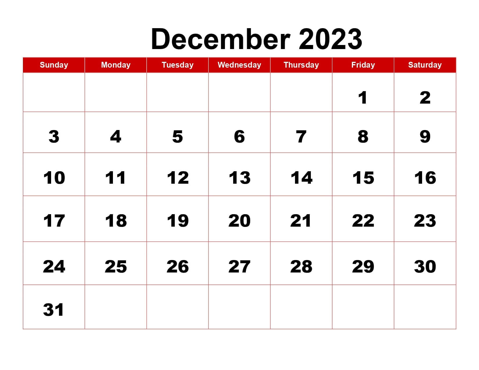 December 2023 Blank Calendar PDf
