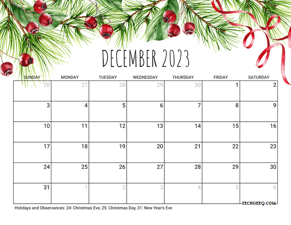 December 2023 Calendar Cute