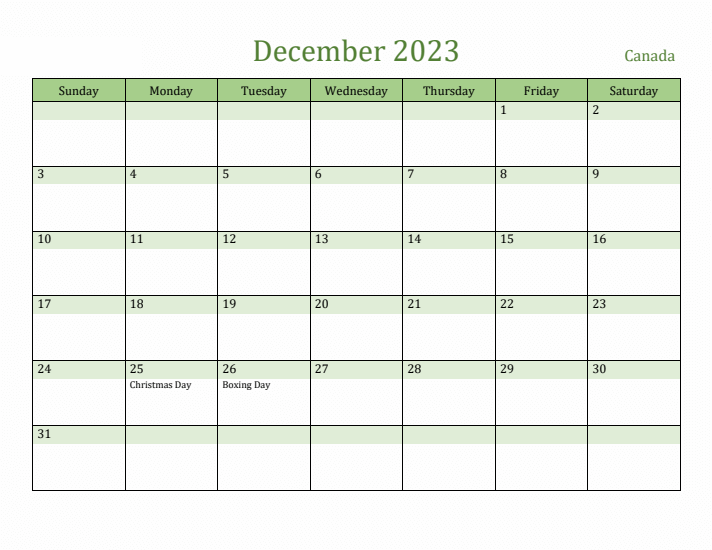 December 2023 Calendar with Canada Holidays