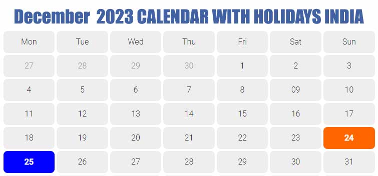 December 2023 Calendar with India Holidays