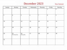 December 2023 Calendar with New Zealand Holidays
