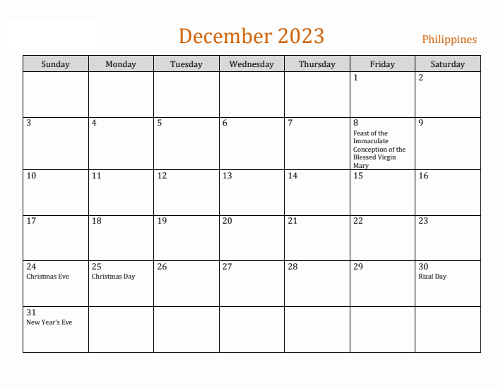 December 2023 Calendar with Philippines Holidays