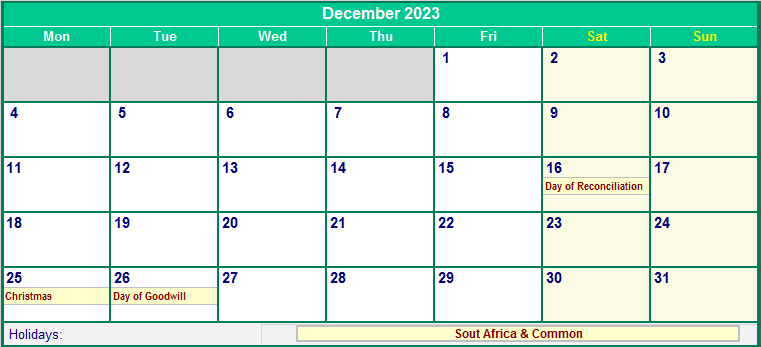 December 2023 Calendar with South Africa Holidays