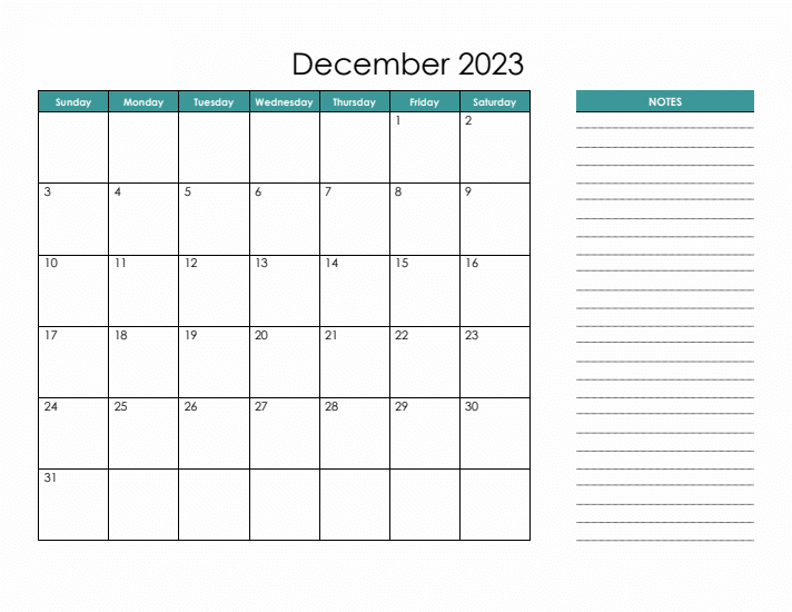 December 2023 Printable Calendar Excel