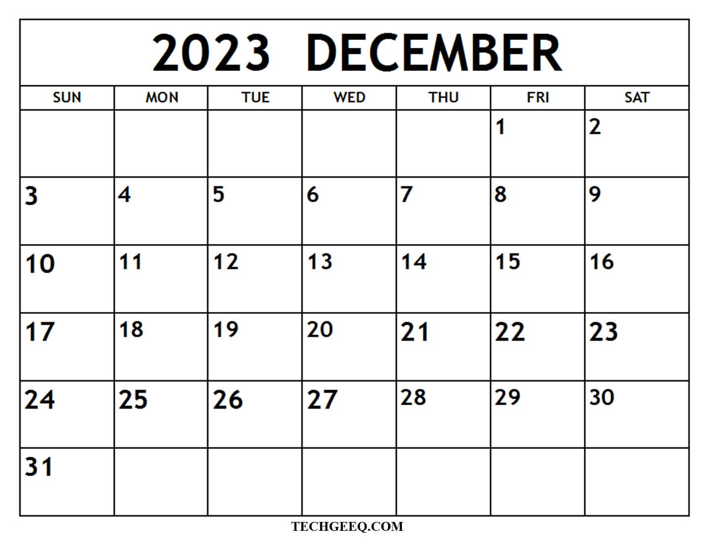 December 2023 Printable Calendar PDF