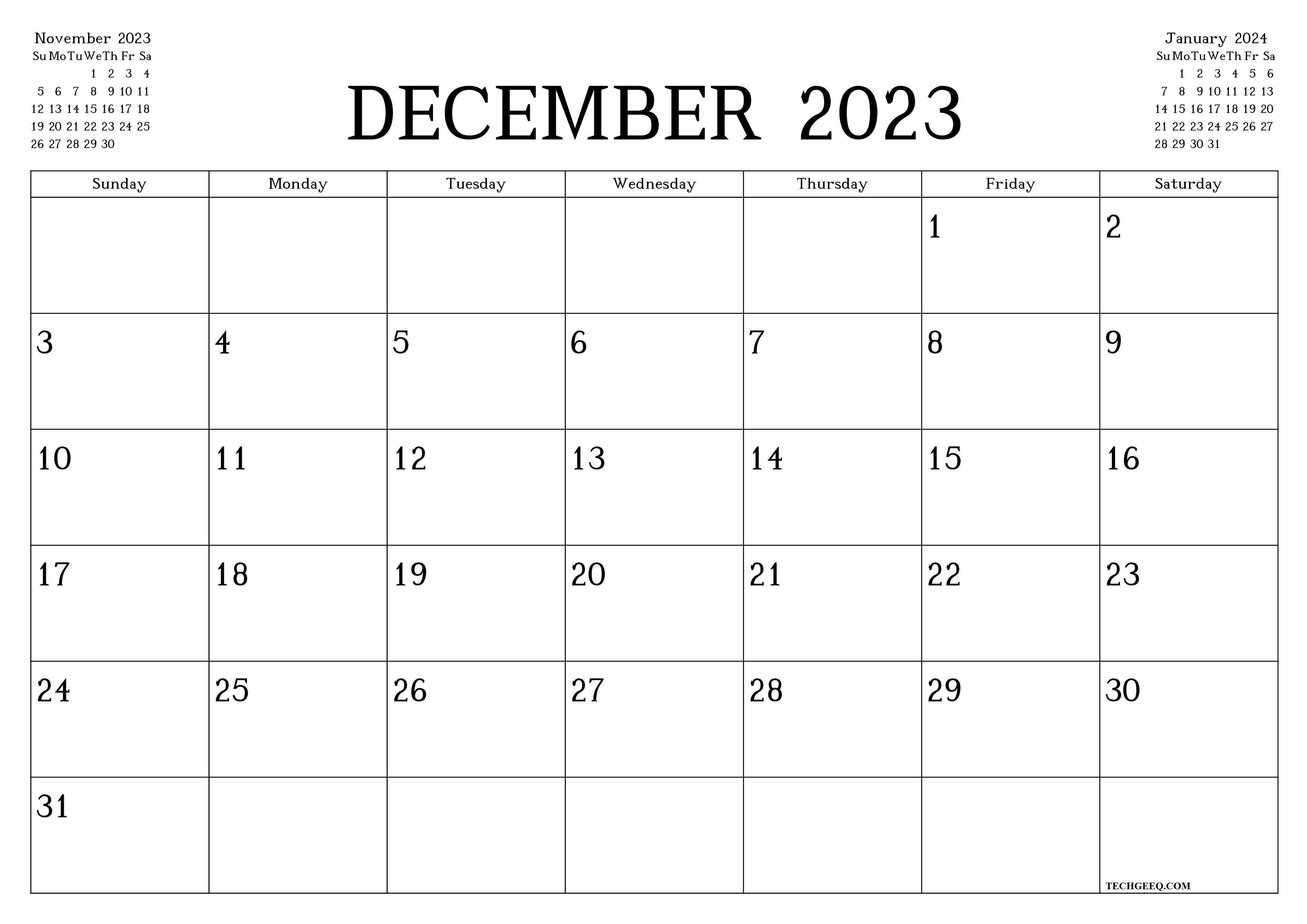 December 2023 Printable Calendar Template
