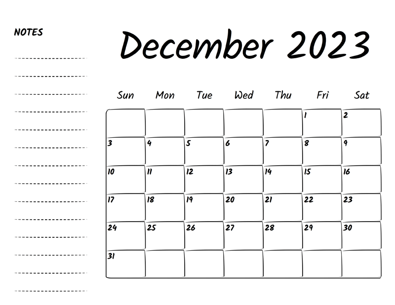 December 2023 Printable Calendar with Notes