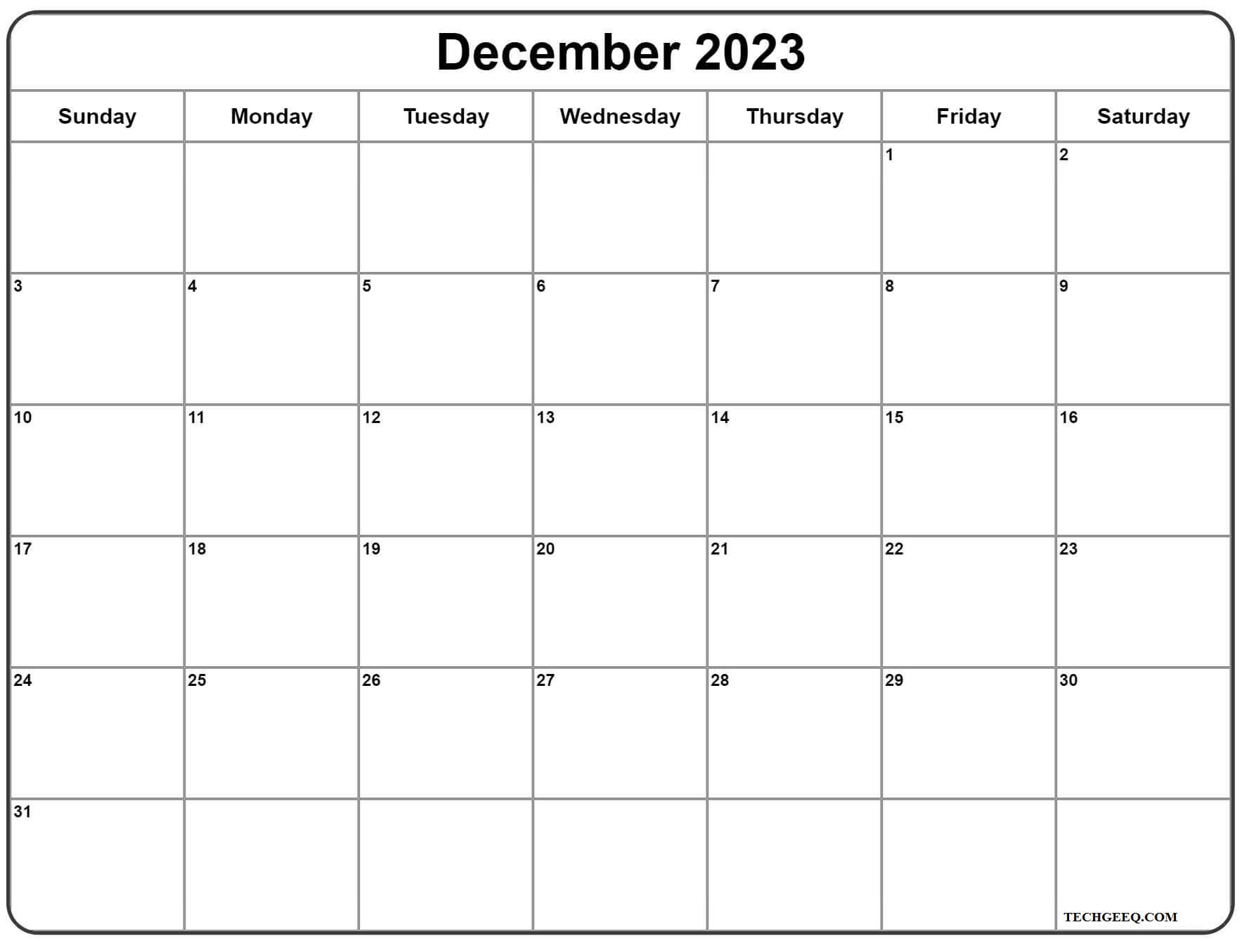 December Calendar Blank Template 2023